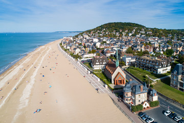 France, Normandy, Aerial view of Houlgate and its beach - 329598148