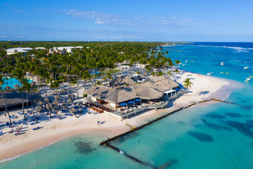 Aerial view of beautiful white sandy beach in Punta Cana, Dominican Republic - 329598338