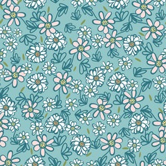 Daisies meadow seamless vector pattern. Decorative feminine nature themed surface print design. Great for wellness and natural scented products packaging, fabrics, cards, and wrapping paper.