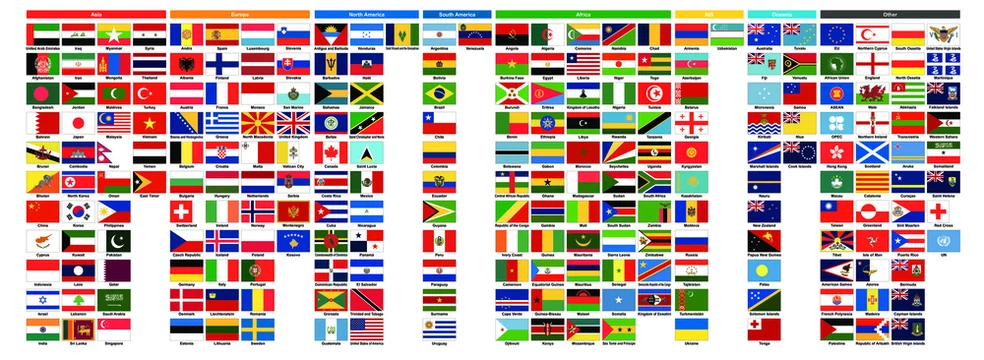 世界の国旗 World Flags アジア39ヶ国 ヨーロッパ41ヶ国 北アメリカ23ヶ国 南アメリカ12ヶ国 アフリカ54ヶ国 Nis12ヶ国 オセアニア16ヶ国 その他41 合計238種類 Stock ベクター Adobe Stock