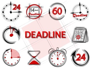 Icons and icons for hours, dates, times , and dates. Deadline, red text on a gray background. The concept of no time Stock vector.