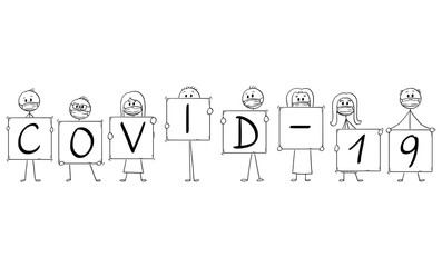 Vector cartoon stick figure drawing conceptual illustration of group of people wearing face masks and holding coronavirus covid-19 signs. Infection and epidemic concept.