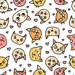 Hand Drawn doodle seamless pattern of cute cats heads, print design cat, children print for t-shirt and kids products 