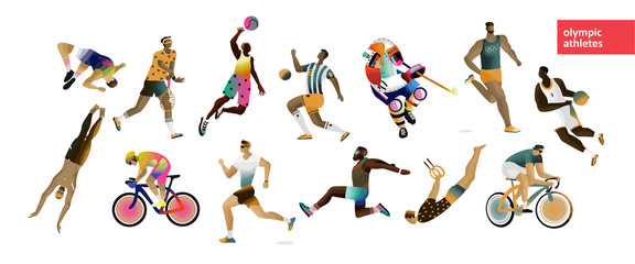 Olympic Games! Vector illustration of different athletes: hockey, basketball, volleyball, tennis, runner, cycling, gymnastic, players, sportsman. Set of character design for card, background or poster - obrazy, fototapety, plakaty