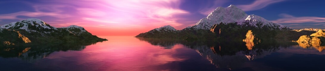 Beautiful panorama of the sea bay at sunset, rocks in the water at sunrise, 3D rendering