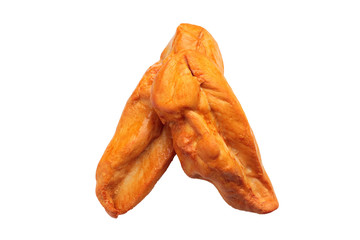 Two pieces of boiled-smoked chicken breast. Chicken. Isolated on a white background. Dietary food with a high protein content.