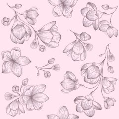 Seamless vector with a retro pattern of cherry blossoms on a pink background. Illustration in the style of engraving. For textile design, Wallpaper, postcards, and covers.