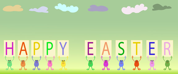 multi-colored Easter eggs with funny faces hold hands a multi-colored inscription happy Easter on a light green background with colorful clouds