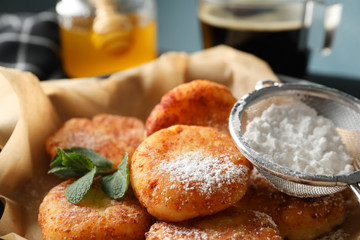 Breakfast of cheese pancakes, close up. Delicious food