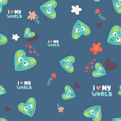 heart shaped earth. Cartoon globe. web icons green happy nature character. love ecology earth planet world map seamless pattern vector illustration. i love my world. motivation inscription