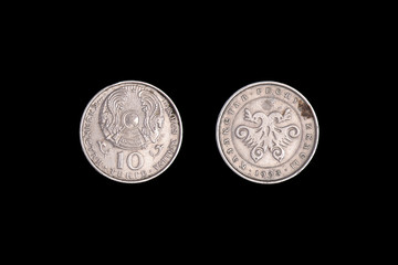 10 tenge Kazakhstan 1998 year. Isolated object on a black background. Close-up on both sides
