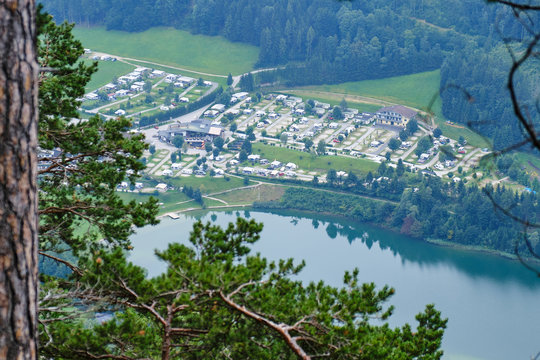 Camping Seeblick - Toni and Reintalersee lake in Austria - view from the via ferrata route called Klettersteig Reintalersee, in Kramsach, high up on the opposite mountain.