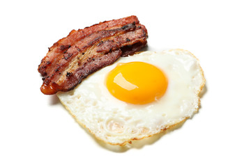 Delicious fried egg and bacon isolated on white background
