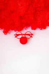 April fool's day. April 1. Clown red nose, glasses, jaw. It's funny! Hahaha. Dentist's day. Hygiene. Children's toy. Halloween.