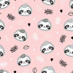 Wallpaper murals Sloths Cute Sloths. Little Baby Sloth Face and Tropical Leaves Floral Seamless Pattern. Kawaii Animal Heads Vector Childish Background for Kids Fashion Design. Print for Nursery Wallpaper, Baby Shower