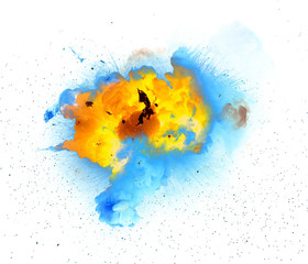 Yellow and blue gas explosion isolated on white background