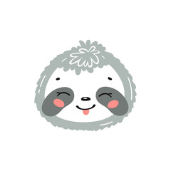 Cute Sloth Head Print Design for Kids. Little Baby Sloth Face. Doodle Cartoon Kawaii Animal Vector Illustration. Scandinavian Print or Poster Design, Baby Shower Greeting Card