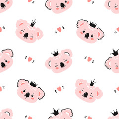 Princess Koalas. Cute Little Baby Koala Bear Face with Crown and Hearts Seamless Pattern. Kawaii Animal Heads Childish Vector Background for Kids Fashion Design. Print for Nursery Wallpaper