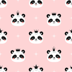 Obraz premium Princess Pandas. Cute Little Baby Panda Bear Face with Crown Seamless Pattern. Black and White Chinese or Bamboo Bear Face. Kawaii Animal Heads Childish Vector Background for Kids Fashion Design