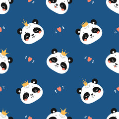 Princess Pandas. Cute Little Baby Panda Bear Face with Crown and Hearts Seamless Pattern. Black and White Chinese or Bamboo Bear Face. Kawaii Animal Heads Childish Vector Background for Kids Fashion