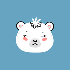 Cute Polar Bear Head Print Design for Kids. Little Baby White Teddy Bear Face. Doodle Cartoon Kawaii Animal Vector Illustration. Scandinavian Print or Poster Design, Baby Shower Card