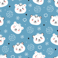 Vector Christmas Seamless Pattern with Polar Bear Heads, Snowballs and Snowflakes. Little Baby White Teddy Bear Face and Winter Background. New Year Holiday Wallpaper with Kawaii Animals