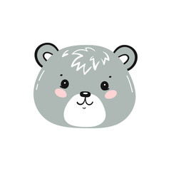 Cute Brown Bear Head Print Design for Kids. Little Baby Gray Teddy Bear Face. Doodle Cartoon Kawaii Animal Vector Illustration. Scandinavian Print or Poster Design, Baby Shower Card