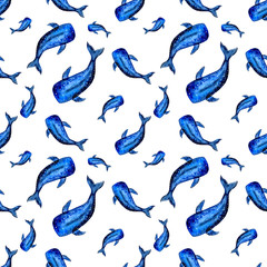 Watercolor seamless pattern with blue whales isolated on white background. Hand painted nautical illustration.