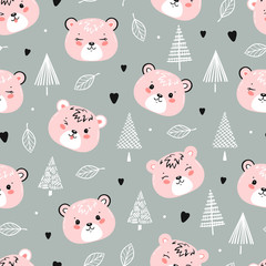 Cute Brown Bears and Forest. Little Baby Pink Teddy Bear Face, Fir Tree and Leaves Seamless Pattern. Kawaii Animal Heads Vector Childish Background for Kids Fashion Design. Print for Nursery Wallpaper