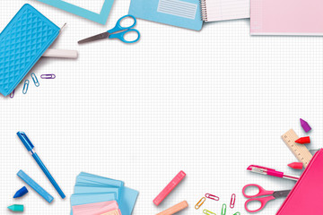 Pink and blue stationery items around of image. Back to school background, banner with copy space. Office objects on pink and blue checkered background