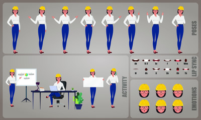 Woman Engineer or Architect worker character Set. Collection of character body Poses, facial gestures, Engineer  activities and Lip syncs poses. Ready-to-use and animate, character set. Vector.