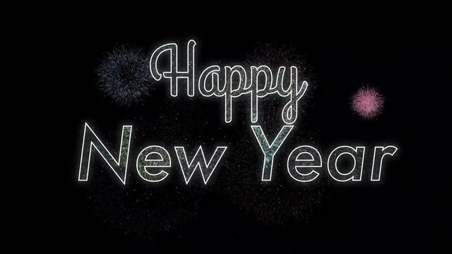 2021 Happy New Year greeting text with particles and sparks on black night sky. colored slow motion fireworks on background with text 2021 -new year celebration, beautiful typography magic design.