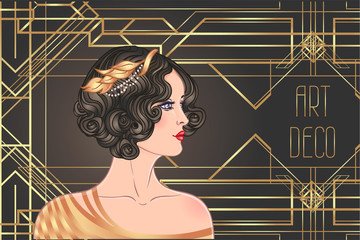 Art Deco vintage invitation template design with illustration of flapper girl. patterns and frames. Retro party background set (1920's style). Vector for glamour event, thematic wedding or jazz party.