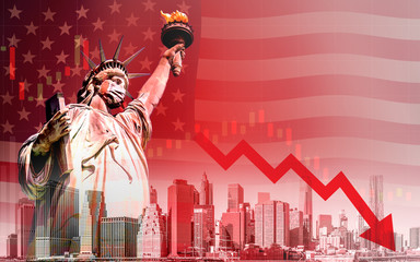 Concept of economic recession during the coronavirus outbreak in United States, downtrend stock with red arrow and The Statue of Liberty with mask background