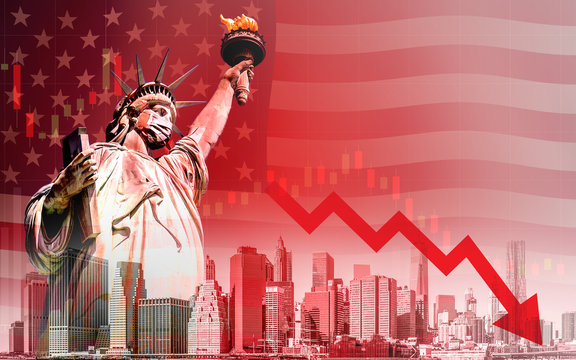 Concept Of Economic Recession During The Coronavirus Outbreak In United States, Downtrend Stock With Red Arrow And The Statue Of Liberty With Mask Background