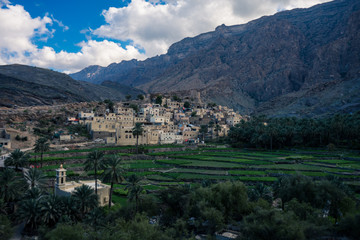Fototapeta na wymiar View of the small village Bald Sayt between mountains in Jebel Shams, Oman