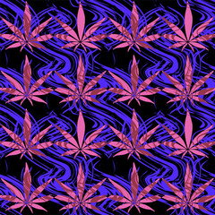 Fototapeta premium bright purple chaotic neon leaves of cannabis on a black bold abstract background of splashes of paint droplets, hemp