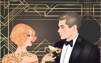 Beautiful couple in art deco style. Retro fashion: glamour man and woman of twenties. Vector illustration. Flapper 20's style. Vintage party or thematic wedding invitation design template.