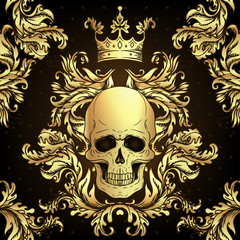Baroque seamless ornament. Damask style pattern with skull. Vintage ornate vector design for wallpaper, wrapper, fashion textile.