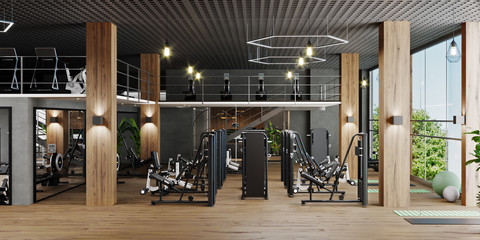 Fototapeta na wymiar Modern gym interior with sport and fitness equipment, fitness center inteior, inteior of crossfit and workout gym, 3d rendering