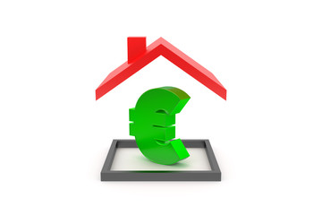 Obraz premium 3D Rendering of Money Sign with Red Roof and Option Frame on White
