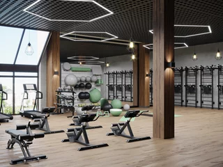 Fotobehang Modern gym interior with sport and fitness equipment, fitness center inteior, inteior of crossfit and workout gym, 3d rendering © Oleksandr