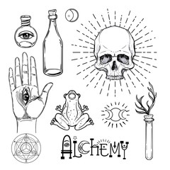 Alchemy symbol icon set. Spirituality, occultism, chemistry, magic tattoo concept. Vintage vector illustration collection with mystic and occult signs. Halloween, astrological elements.