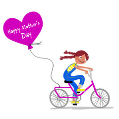 Mother's Day - Cute girl in dungarees with pigtails on a bike gives her mother a heart balloon - Greeting card - Handdrawn illustration