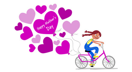 Mother's Day - Cute girl in dungarees with pigtails on a bike gives her mother a bunch of heart balloons - Card horizontal - Handdrawn illustration