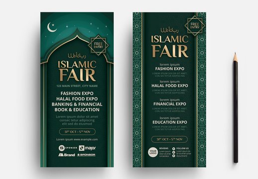 Dark Green Dl Flyer Layout with Arabic Text Elements 