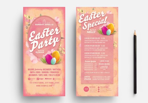 Pink Dl Easter Party Card Layout with Egg Illustrations