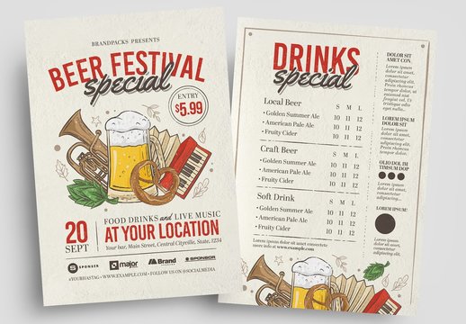 Beer Festival Flyer Layout with Beer and Musical Instrument Illustrations