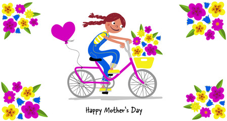 Mother's Day - Cute girl in dungarees with pigtails on a bike gives her mothers a bunsch of flowers - Card horizontal - Handdrawn illustration