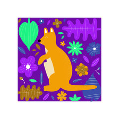 Fototapeta na wymiar Hand drawn colorful kangaroo with flowers and leaves. Cute kids style template design. Vector illustration